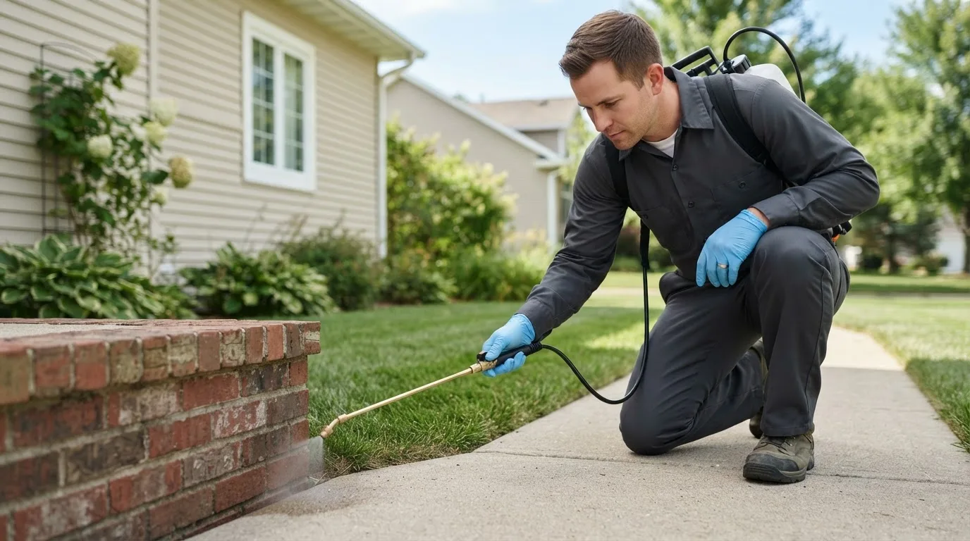 Pest control technician treating a home near Hamlet, IN