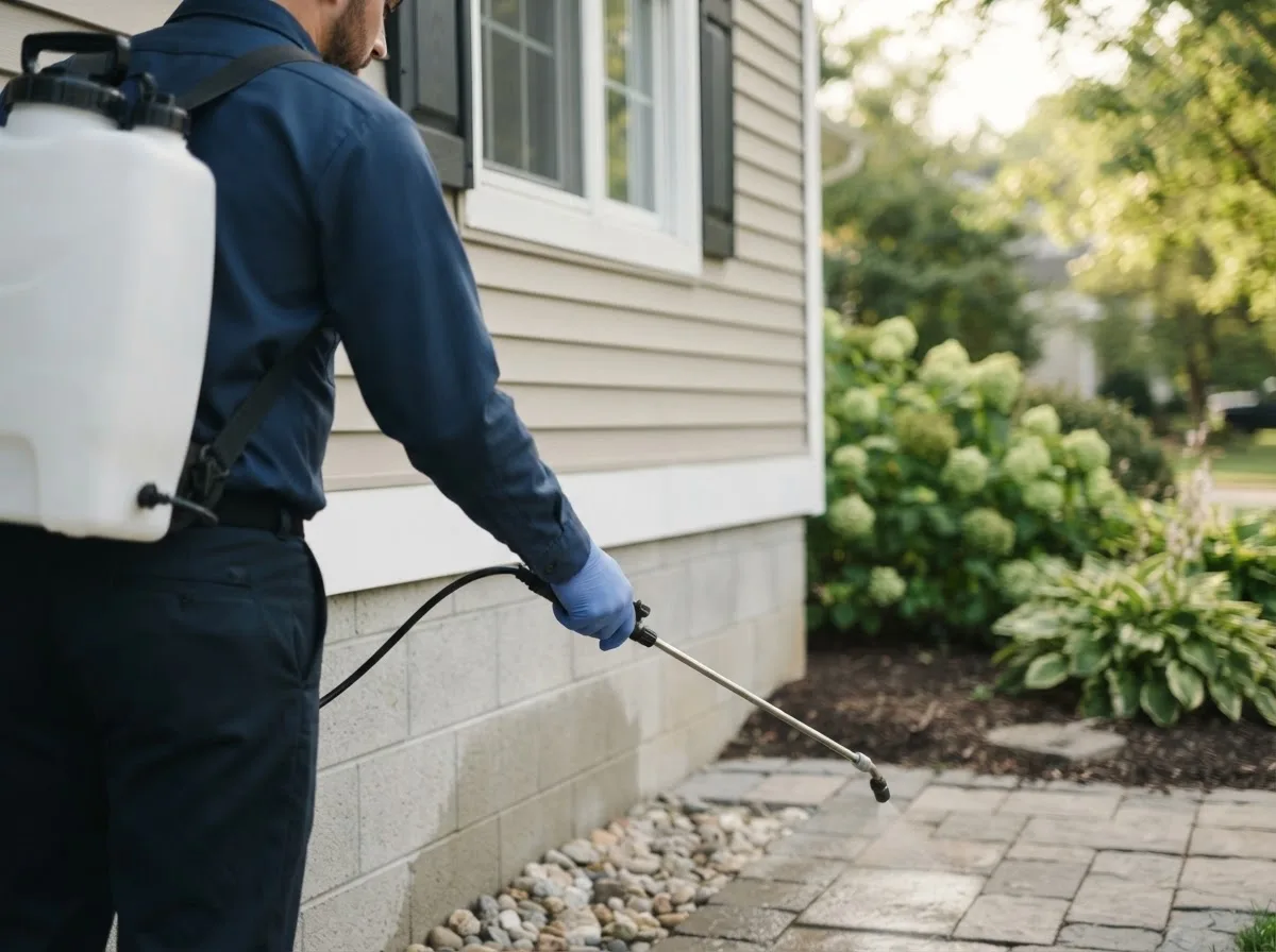 Pest control technician inspecting a home in Hamlet, IN